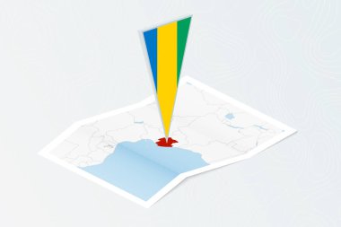 Gabon 'un eşölçülü üçgen bayrağıyla Isometric kağıt haritası. Topoğrafik arkaplan haritası.