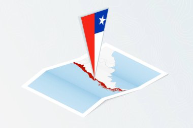 Şili 'nin Isometric kağıt haritası ve Şili' nin üçgen bayrağı izometrik tarzda. Topoğrafik arkaplan haritası.