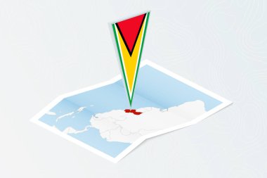 Guyana 'nın Guyana' nın eşölçülü üçgen bayrağıyla izometrik haritası. Topoğrafik arkaplan haritası.