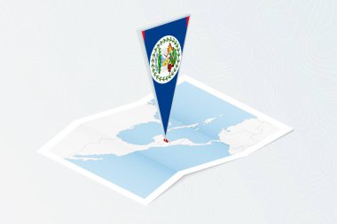 Belize 'nin Isometric kağıt haritası. Belize' nin üçgen bayrağı, izometrik tarzda. Topoğrafik arkaplan haritası.