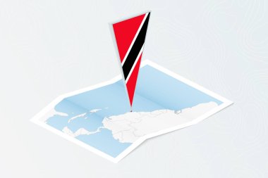 Trinidad ve Tobago 'nun Isometric kağıt haritası. Üçgen Trinidad ve Tobago bayrağı izometrik tarzda. Topoğrafik arkaplan haritası.