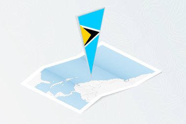 Aziz Lucia 'nın eşölçülü üçgen bayrağıyla Isometric kağıt haritası. Topoğrafik arkaplan haritası.