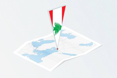 Lübnan 'ın Isometric kağıt haritasında, Lübnan' ın eşölçülü bayrağı var. Topoğrafik arkaplan haritası.
