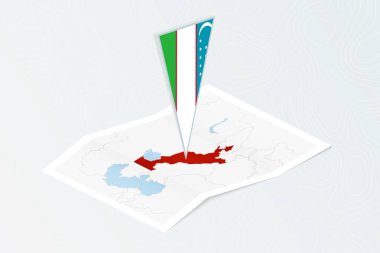 Özbekistan 'ın Isometric kağıt haritası Özbekistan' ın üçgen bayrağıyla izometrik olarak. Topoğrafik arkaplan haritası.