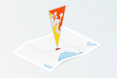 Bhutan 'ın Isometric kağıt haritası, Bhutan' ın üçgen bayrağı, izometrik tarzda. Topoğrafik arkaplan haritası.