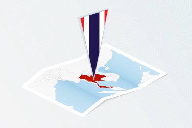 Tayland 'ın Isometric kağıt haritasında Tayland' ın üçgen bayrağı izometrik tarzda. Topoğrafik arkaplan haritası.