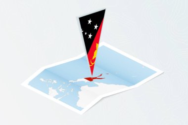 Papua Yeni Gine 'nin izometrik tarzda Papua Yeni Gine' nin üçgen bayrağını gösteren Isometric kağıt haritası. Topoğrafik arkaplan haritası.