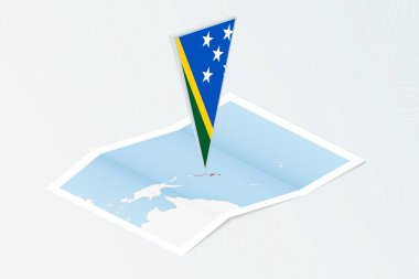 Solomon Adaları 'nın Isometric kağıt haritası. Solomon Adaları' nın eşölçülü üçgen bayrağı. Topoğrafik arkaplan haritası.