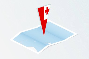 Tonga 'nın eş ölçülü üçgen bayrağıyla Isometric kağıt haritası. Topoğrafik arkaplan haritası.