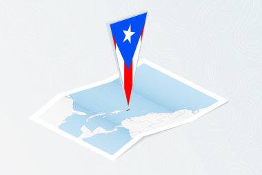 Porto Riko 'nun Isometric kağıt haritasında, eşölçülü Porto Riko bayrağı var. Topoğrafik arkaplan haritası.