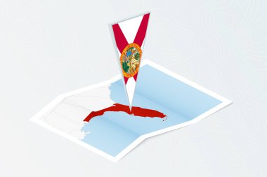 Florida 'nın Isometric kağıt haritası, Florida' nın üçgen bayrağı, izometrik tarzda. Topoğrafik arkaplan haritası.