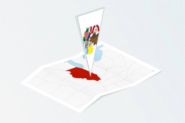 Illinois 'in Isometric kağıt haritasında Illinois' in üçgen bayrağı izometrik tarzda. Topoğrafik arkaplan haritası.