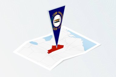 Kentucky 'nin üç köşeli Kentucky bayrağıyla eş ölçülü bir kağıt haritası. Topoğrafik arkaplan haritası.