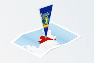 New York 'un Isometric kağıt haritası. New York' un üçgen bayrağı izometrik tarzda. Topoğrafik arkaplan haritası.