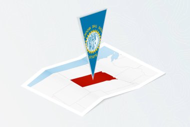 Güney Dakota 'nın Isometric kağıt haritası. Güney Dakota' nın üçgen bayrağı, izometrik tarzda. Topoğrafik arkaplan haritası.