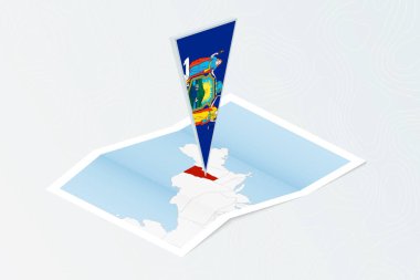 Vermont 'un Isometric kağıt haritası, Vermont' un üçgen bayrağı, izometrik tarzda. Topoğrafik arkaplan haritası.
