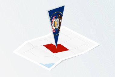 Utah 'ın Isometric kağıt haritası, Utah' ın üçgen bayrağı, izometrik tarzda. Topoğrafik arkaplan haritası.