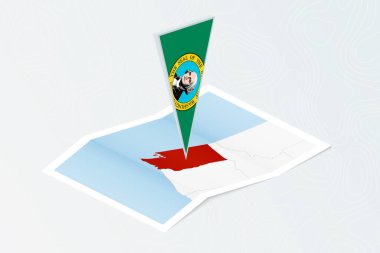 Washington 'un eşölçülü üçgen bayrağıyla Isometric kağıt haritası. Topoğrafik arkaplan haritası.