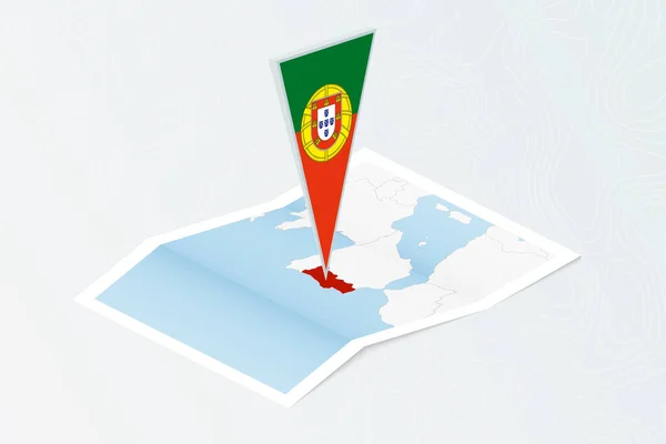 葡萄牙等距纸质地图 带有葡萄牙三角旗的等距风格 关于地形背景的地图 — 图库矢量图片