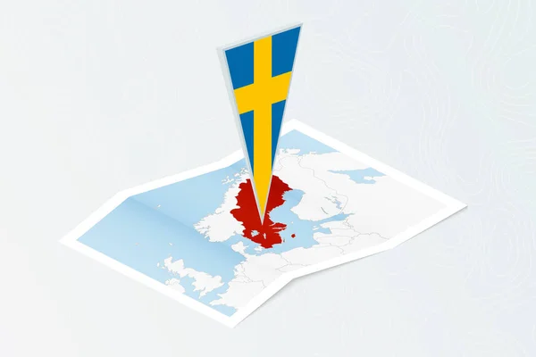 Isometrische Papierkarte Von Schweden Mit Dreieckiger Schwedischer Flagge Isometrischen Stil — Stockvektor