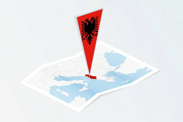 Arnavutluk Eşölçülü Üçgen Bayrağına Sahip Isometric Kağıt Haritası Topoğrafik Arkaplan — Stok Vektör