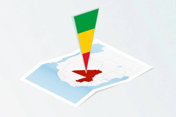 マリの三角形の旗を持つイゾメトリックペーパー地図 地形的背景の地図 — ストックベクタ