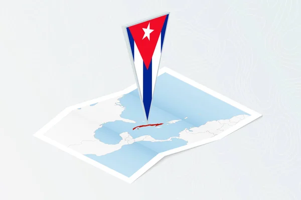 Isometrische Papieren Kaart Van Cuba Met Driehoekige Vlag Van Cuba — Stockvector
