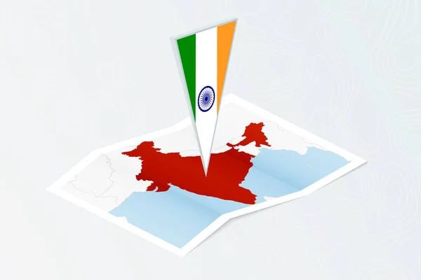 Изометрическая Бумажная Карта Индии Треугольным Флагом Изометрическом Стиле Карта Топографическом — стоковый вектор