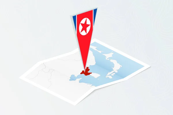 Isometrische Papierkarte Von Nordkorea Mit Dreieckiger Flagge Von Nordkorea Isometrischen — Stockvektor
