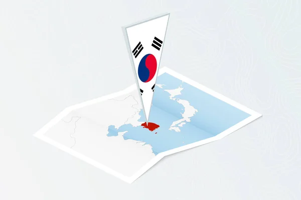 Isometrische Papieren Kaart Van Zuid Korea Met Driehoekige Vlag Van — Stockvector