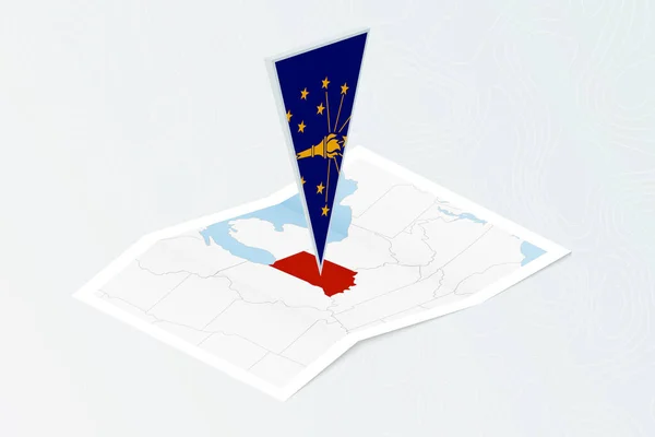 Isometrische Papierkarte Von Indiana Mit Dreieckiger Flagge Von Indiana Isometrischen — Stockvektor
