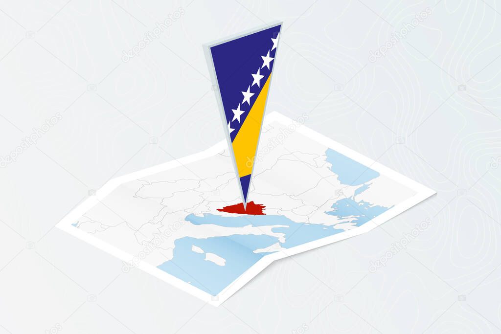Isometric paper map of Bosnia and Herzegovina with triangular flag of Bosnia and Herzegovina in isometric style. Map on topographic background.