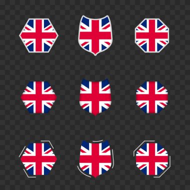 Birleşik Krallık 'ın koyu şeffaf arkaplan üzerindeki ulusal sembolleri, Birleşik Krallık' ın vektör bayrakları.