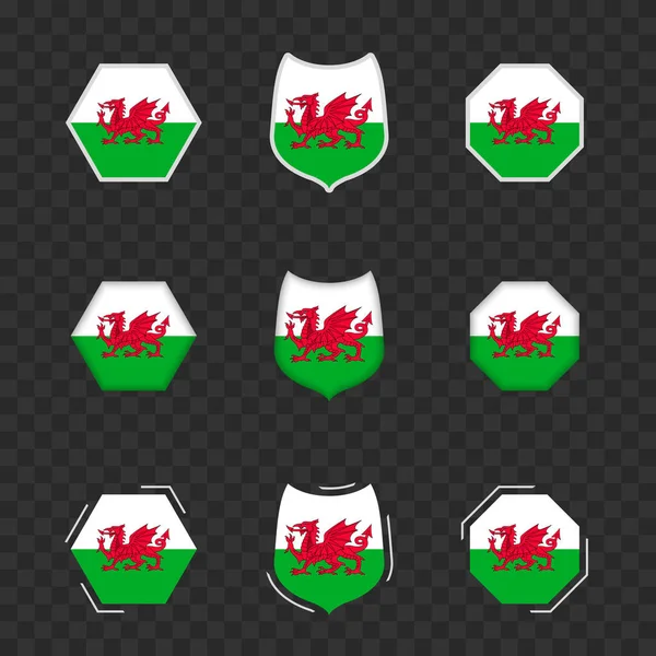 Narodowe Symbole Walii Ciemnym Przejrzystym Tle Wektorowe Flagi Walii — Wektor stockowy