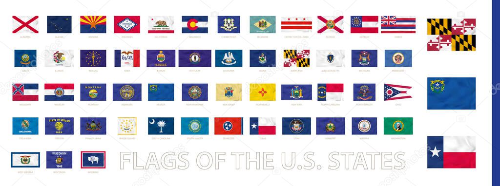 Flags of the U.S. States with waving effect, flags sorted by alphabetically. Vector flag collection.