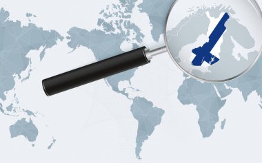 Amerika merkezli Dünya Haritasında Finlandiya 'nın genişletilmiş haritası. Büyütülmüş Finlandiya haritası ve bayrağı.