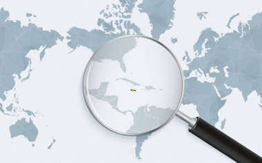 Jamaika 'nın Amerika merkezli Dünya Haritasındaki genişletilmiş haritası. Büyütülmüş Jamaika haritası ve bayrağı.