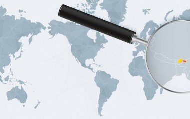 Bhutan 'ın Amerika merkezli Dünya Haritasındaki genişletilmiş haritası. Büyütülmüş Bhutan haritası ve bayrağı.