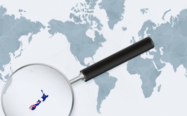 Yeni Zelanda 'nın Amerika merkezli Dünya Haritasındaki genişletilmiş haritası. Yeni Zelanda 'nın büyütülmüş haritası ve bayrağı.