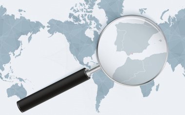 Amerika merkezli Dünya Haritasındaki Gibraltar 'ın genişletilmiş haritası. Gibraltar 'ın büyütülmüş haritası ve bayrağı.