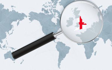 Amerika merkezli Dünya Haritasında İngiltere 'nin genişletilmiş haritası. Büyütülmüş harita ve İngiltere bayrağı.
