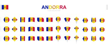 Çeşitli şekil ve etkilerden oluşan büyük Andorra bayrakları koleksiyonu.