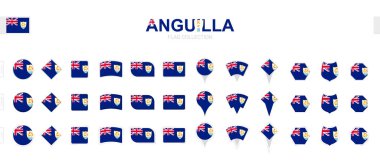Çeşitli şekil ve etkilerden oluşan büyük Anguilla bayrakları koleksiyonu.