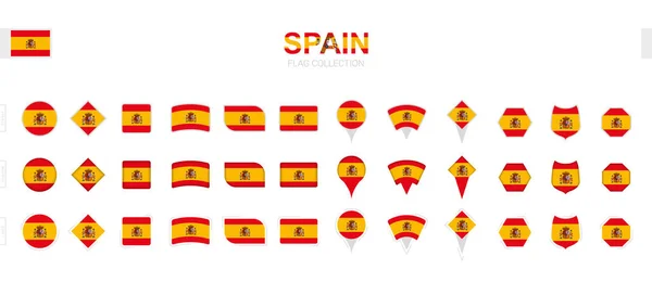 Duży Zbiór Hiszpańskich Flag Różnych Kształtach Efektach — Wektor stockowy
