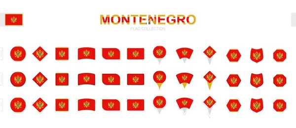 Duży Zbiór Czarnogórskich Flag Różnych Kształtach Efektach — Wektor stockowy