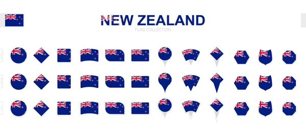 Large Collection New Zealand Flags Various Shapes Effects — Stock Vector