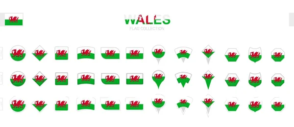 Grande Collection Drapeaux Pays Galles Différentes Formes Effets — Image vectorielle