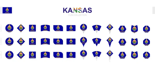 Velká Sbírka Kansaských Vlajek Různých Tvarů Efektů — Stockový vektor
