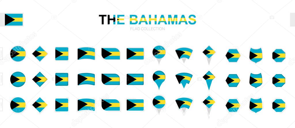 Large collection of The Bahamas flags of various shapes and effects.