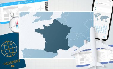 Fransa seyahati, Fransa haritalı bir illüstrasyon. Uçak, cep telefonu, pasaport, pusula ve biletlerle arka plan.